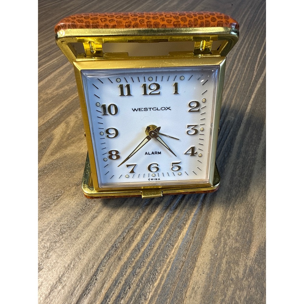 Vintage Westclox Travel Alarm Clock Brown Wind Up Folding Case Collectible Works